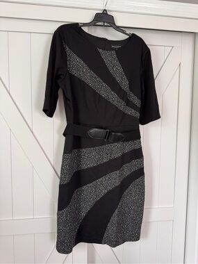 connected apparel Black and Gray Patterned Belted Midi Dress
